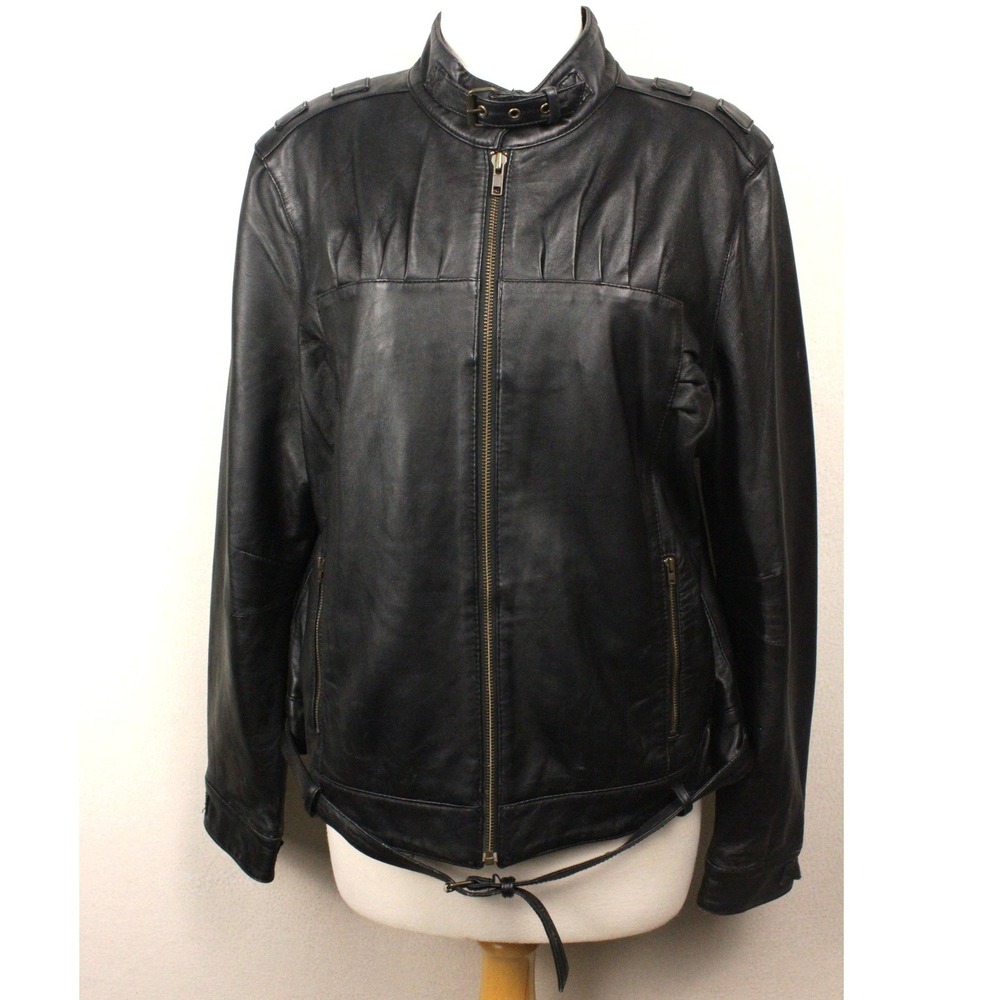 Y2K Womens L Distressed Leather Moto Jacket Black Biker Indie Sleaze Motorcycle
